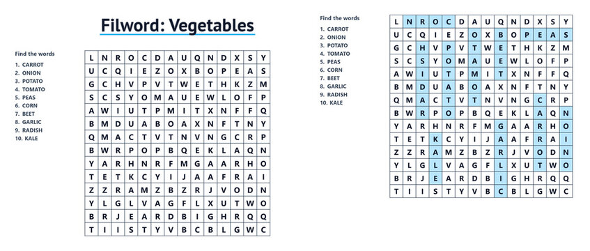Vegetable word search puzzle with highlighted answers in grid  