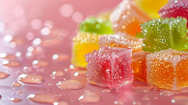 Macro colorful cube gummy candies with sugar drops on pink background with copy space for confectionery brand packaging and dessert ecommerce promo