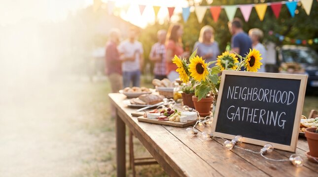 Neighborhood gathering party with chalkboard sign and food on wooden table outdoors at sunset, community block party celebration with friends and neighbors, social event concept