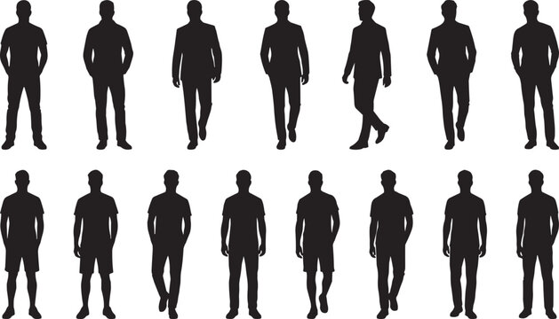 Collection of casual and business man silhouettes standing and walking forward isolated on a white background