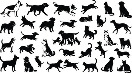 Vector set of domestic cat and dog silhouettes in various active poses isolated on white background © Mukta