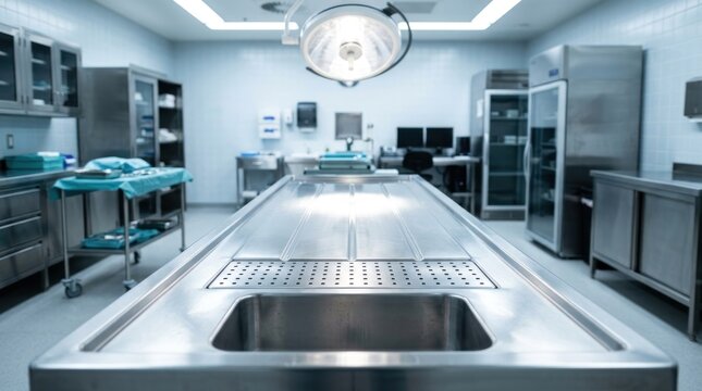 Modern Autopsy Room with Stainless Steel Table and Medical Equipment.