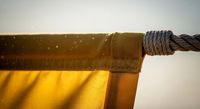 Closeup of a yellow fabric flag attached to a thick rope