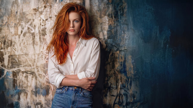 A redhead woman in a white shirt and jeans stands against an abstract textured wall featuring ample dark blue copy space.
