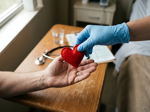 Doctor Giving Red Heart Symbol to Patient Hand.