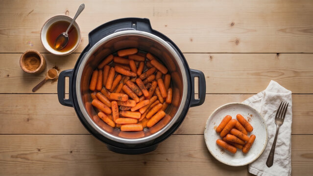 A flatlay of a pot filled with cinnamon glazed baby carrots on a wooden table, accompanied by syrup, spices, a plated serving, and ample copy space on the right.