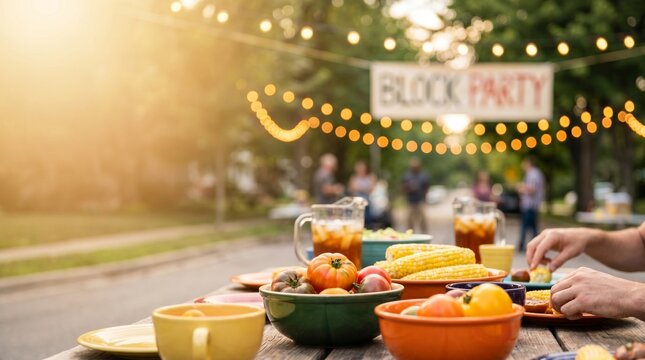Outdoor Neighborhood Block Party Dinner with Fresh Summer Produce and Corn on the Cob on a Wooden Table at Sunset for Community Gathering Concept