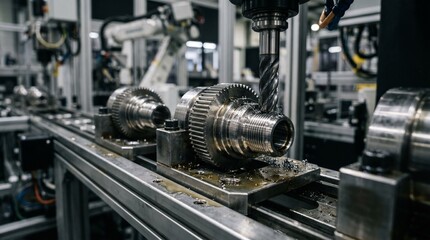 Fototapeta premium CNC machining process of large steel gear in the factory: the cutting tool of the machine forms thread turns, cutting thin metal chips.