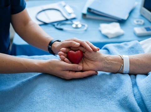 Nurse and patient hands holding a red heart, symbolizing care and compassion in a medical setting.