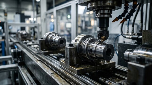 High-tech CNC lathe and milling machine automatically turns a large cylindrical metal part in an industrial plant.