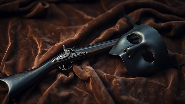 flintlock. Antique flintlock pistol and black mask arranged on faded velvet fabric, historical still life. event programs, museum guides, designed for cultural heritage projects and event programs.