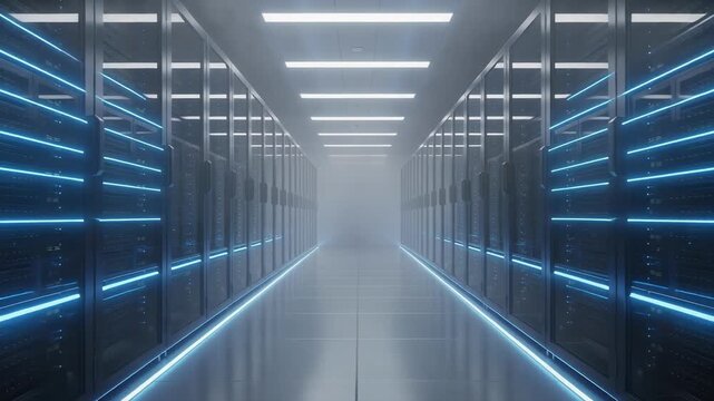 Futuristic data center hallway with glowing blue lights and rows of advanced high tech servers