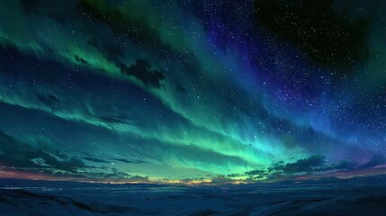 Fototapeta premium A breathtaking anime-style depiction of a night sky filled with layered auroras.