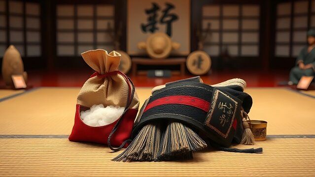 dohyo. Salt pouch and decorative belt on a sumo ring, traditional Japanese elements, ceremonial arrangement. event key visuals.
