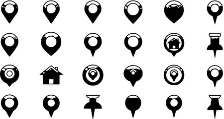 Set of diverse black and white map pin, location marker, home, and pushpin icons with a distressed, hand-drawn look, ideal for navigation, mapping, and destination themes. © reno