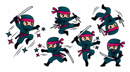 Cute Cartoon Ninja Characters in Dynamic Poses with Swords and Shurikens, Flat Vector Illustration © Noviza