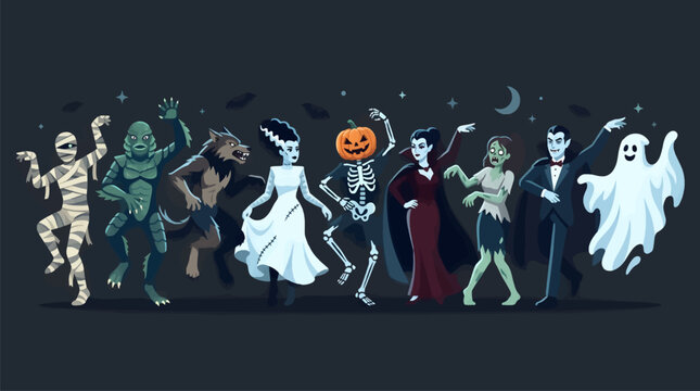 Classic Horror Monsters Dancing in Flat Design Style, Including Mummy, Creature, Werewolf, Bride, Skeleton, Vampire, Zombie, and Ghost, on Dark Background with Moon and Stars