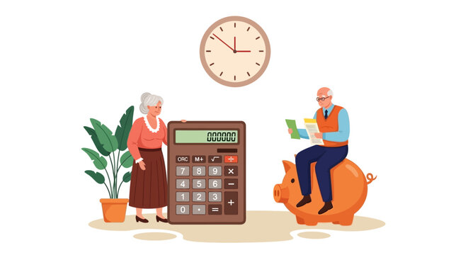 Senior couple retirement planning with giant calculator and piggy bank, elderly financial management and pension savings vector illustration