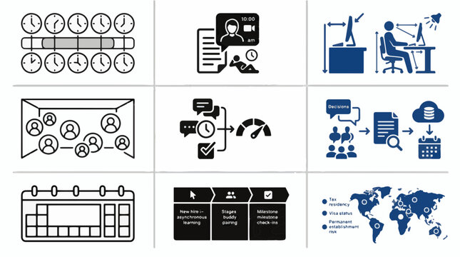 Remote work and business workflow icon set for time management and global communication
