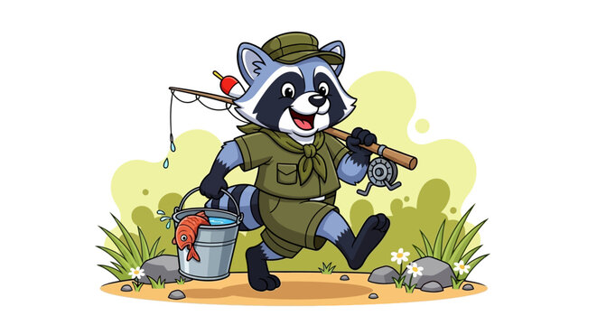 Cute raccoon fisherman cartoon vector, happy forest animal character wearing scout uniform, raccoon holding fishing rod and bucket with fish