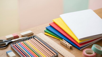 Fototapeta premium Back to School Supplies Flat Lay with Colorful Notebooks and Pencils on Wooden Desk for Creative Study Planning and Education Concept