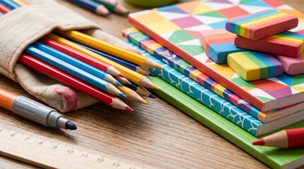 Fototapeta premium Back to School Supplies Set with Colorful Pencils Notebooks and Erasers on Wooden Desk for Creative Education and Art Projects for Students and Teachers