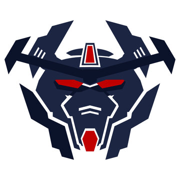 Evil Mecha Robot Head Mascot Emblem with Dark Armor and Glowing Red Neon Eyes