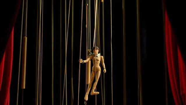 marionette. Backstage view of a puppet theater with marionette control rods. event programs, museum guides, designed for cultural heritage projects and event programs, used by health educators.