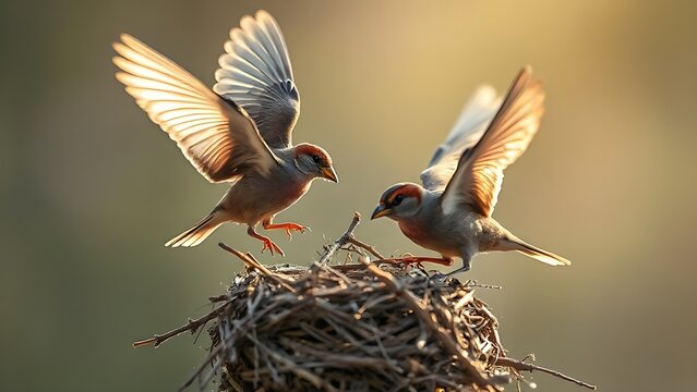 tussle. Two sparrows in flight over an empty nest during the morning. wildlife magazines, conservation campaigns, designed for eco-tourism storytelling, used by graphic designers.