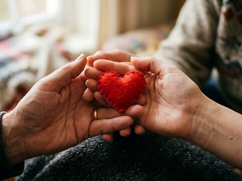 Couple Holding Red Heart Symbolizing Love and Care.