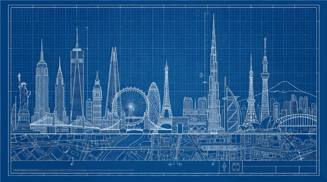 Architectural Global Skyline Blueprint Featuring Famous World Landmarks and Skyscrapers