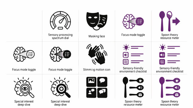 Neurodiversity awareness icons for sensory processing and mental health support concepts