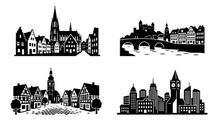 Obraz premium A collection of black city skyline silhouettes on white background