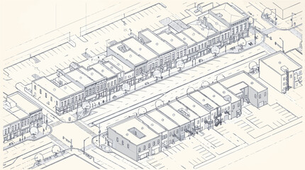 Fototapeta premium Isometric Illustration of a Small Town Commercial District with Street View and Parking Lots