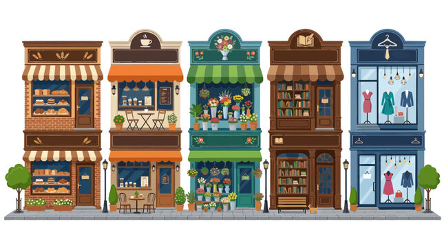 Colorful cartoon storefronts with bakery, flower shop, cafe, bookstore and fashion boutique