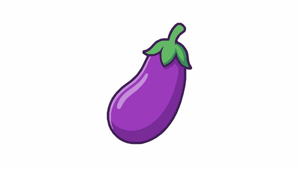 Create a cute cartoon eggplant emoji vector illustration isolated on a solid white background. Show a smiling purple eggplant character with expressive eyes, cheerful facial features, and playful roun