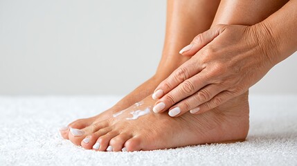 Fototapeta premium Middle-aged woman applying moisturizing lotion to feet, healthy aging and skincare concept