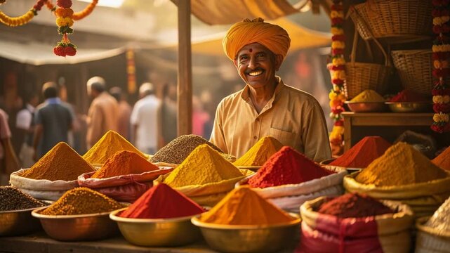 Smiling Indian spice vendor arranging vibrant turmeric and chili in colorful market scene