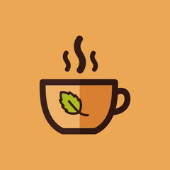 Minimalist Steaming Herbal Tea Cup Icon with Mint Leaf on Orange Background © Atiq