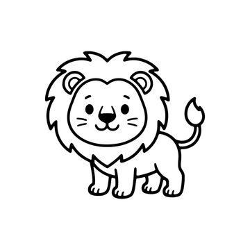 Cute lion coloring page. Black and white outline of baby lion cub character for kids coloring book, preschool activities, and KDP interior.