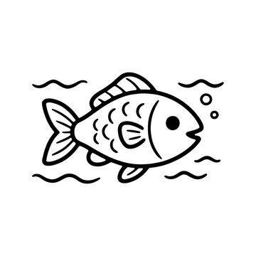 Cute fish swimming in the water coloring page. Black and white outline of little sea animal for kids coloring book, preschool worksheets, and KDP interior.