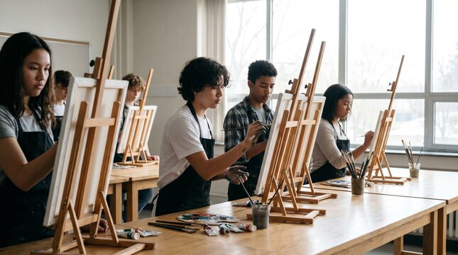 Diverse group of teenage students painting on canvases in an art class studio, creative education concept for high school art workshop and artistic development