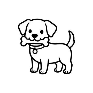 Cute puppy dog holding a bone coloring page. Black and white outline of happy little dog with collar for kids coloring book, preschool activities, and KDP interior.
