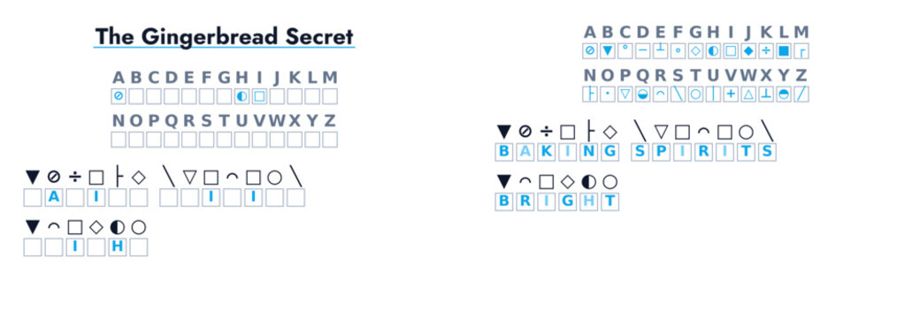 Educational Holiday Cipher Game Vector, Christmas Substitution Puzzle with Geometric Symbols for Kids Coding and Brain Training