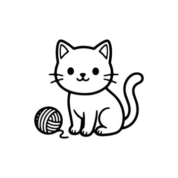 Cute cat sitting with a yarn ball coloring page. Black and white outline of lovely little kitten for kids coloring book, preschool activities, and KDP interior.