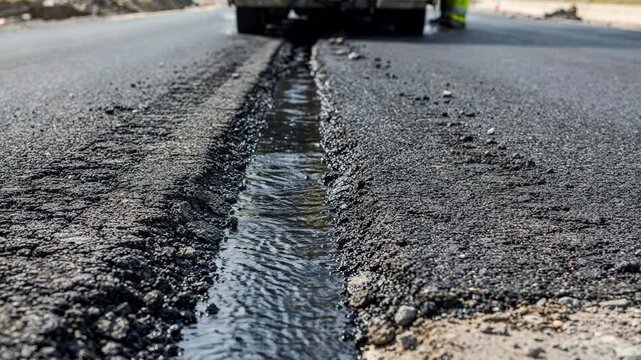 Medium shot of asphalt longitudinal joint during tack coat application showing textured surface and preparation for sealing in road construction.