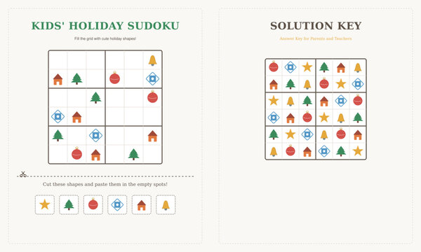 Educational Holiday Sudoku Worksheet for Kids with Printable Cut and Paste Shapes and Solution Key, Algorithmic Logic Game for Kindergartners