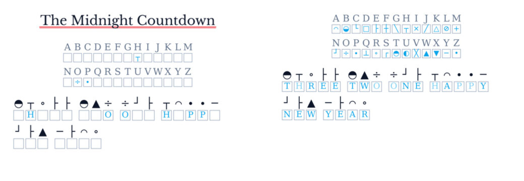 New Year Cryptogram Puzzle with Geometric Symbol Alphabet Cipher, Representing Holiday Midnight Countdown Activity and Educational Brain Teaser Game