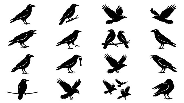 Set of black raven and crow silhouettes in various flying, perched, and cawing poses isolated on white background