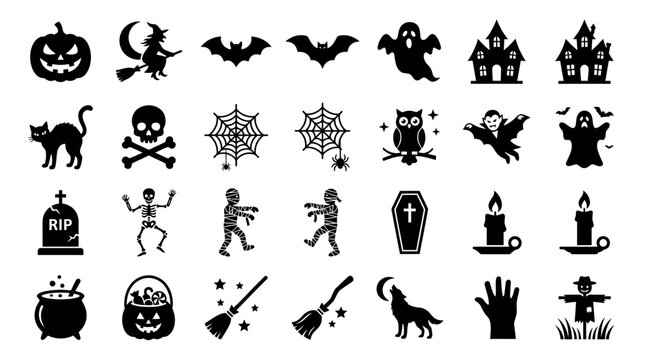 Halloween Silhouette Icon Set with Pumpkin, Ghost, Witch, Skeleton and Haunted House Elements for Spooky Seasonal Design